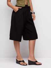 Mid Rise Pleated Wide Leg Bermuda Shorts
