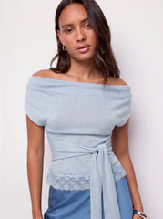 Knit Wool-blend Cowl Neck Lace Trim Tie Front Short Sleeve Top