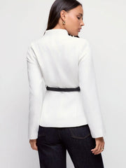 Textured Stand Collar Long Sleeve Blazer With Belt