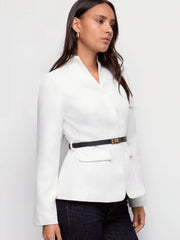 Textured Stand Collar Long Sleeve Blazer With Belt