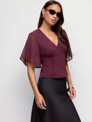 Chiffon V-neck Ruffle Sleeve Pleated Tie Back Blouse