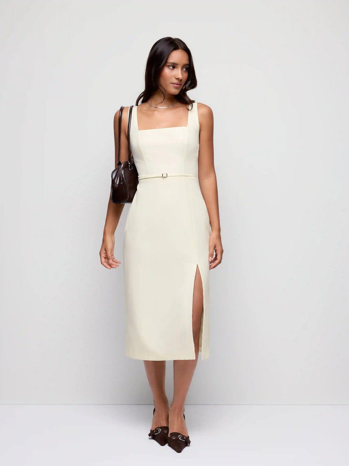 Square Neck Metal Detail Split Straight Midi Dress With Belt