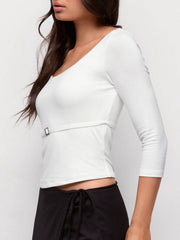 High Stretch Scoop Neck Middle Sleeve Metal Detail Slim Top With Belt