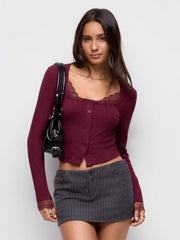 Ribbed Scoop Neck Lace Trim Long Sleeve Top