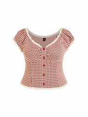 Jacquard Gingham Sweetheart Raglan Sleeve Ruched Top Curve & Plus