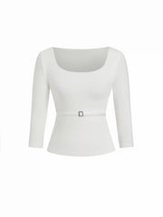 High Stretch Scoop Neck Middle Sleeve Metal Detail Slim Top With Belt
