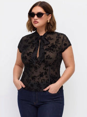 Floral Lace Round Neckline Bowknot Tie Front Top Curve & Plus