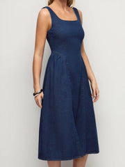 Denim Square Neck Washed Ruched A-line Midi Dress