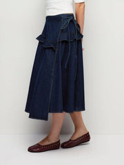 Denim Mid Rise Asymmetrical Ruched Ruffle Bowknot Flared Midi Skirt