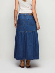 Denim Mid Rise Metal Detail Flared Maxi Skirt