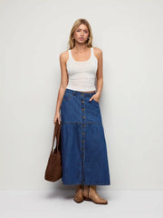Denim Mid Rise Metal Detail Flared Maxi Skirt