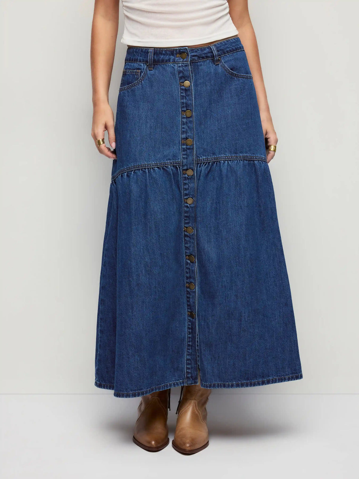 Denim Mid Rise Metal Detail Flared Maxi Skirt