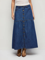 Denim Mid Rise Metal Detail Flared Maxi Skirt