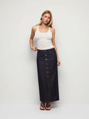 Denim Mid Rise Metal Detail Split Pencil Maxi Skirt