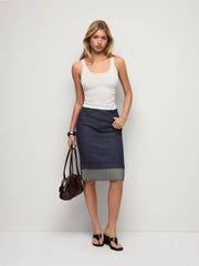 Stretch Denim Mid Rise Contrast Cuffed Split Bodycon Midi Skirt