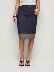 Stretch Denim Mid Rise Contrast Cuffed Split Bodycon Midi Skirt