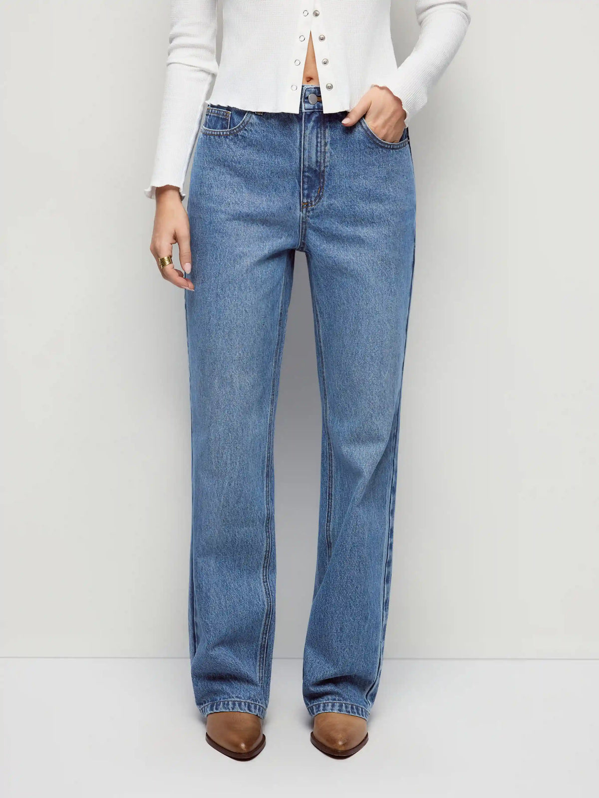 Denim Mid Rise Embroidery Metal Detail Wide Leg Jeans