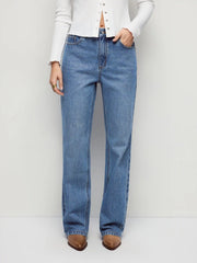 Denim Mid Rise Embroidery Metal Detail Wide Leg Jeans