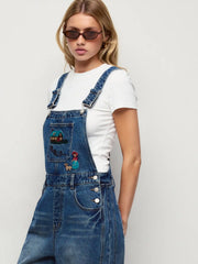 Denim Low Rise Embroidery Graphic Oversized Barrel-leg Overalls