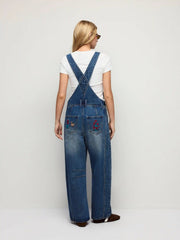 Denim Low Rise Embroidery Graphic Oversized Barrel-leg Overalls