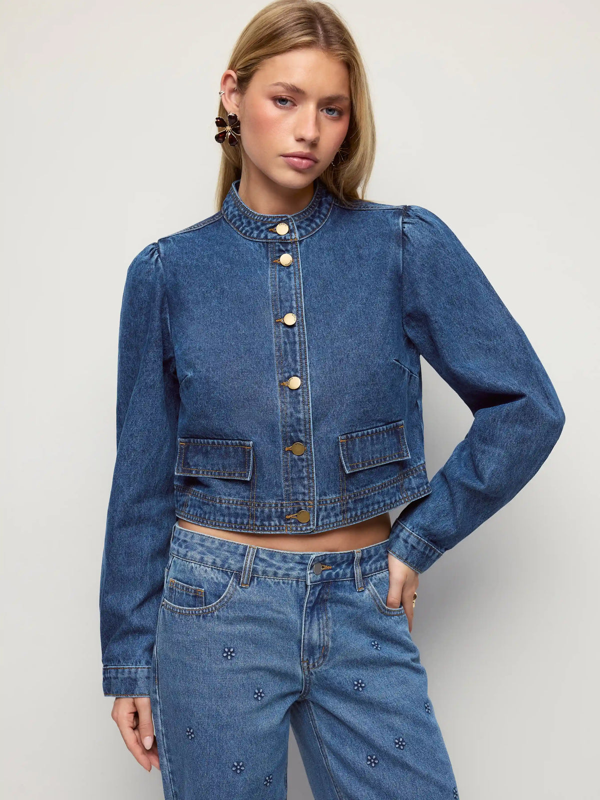 Denim Washed Raglan Sleeve Metal Detail Oversized Jacket