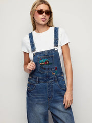 Denim Low Rise Embroidery Graphic Oversized Barrel-leg Overalls
