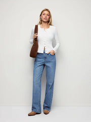 Denim Mid Rise Embroidery Metal Detail Wide Leg Jeans