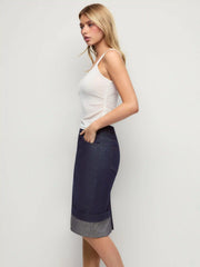Stretch Denim Mid Rise Contrast Cuffed Split Bodycon Midi Skirt