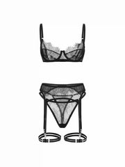 Lace See-Through Underwire Eyelash Trim Low Rise Garter Lingerie Set