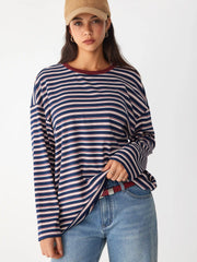 Striped Contrast Trim Long Sleeve Oversized Tee