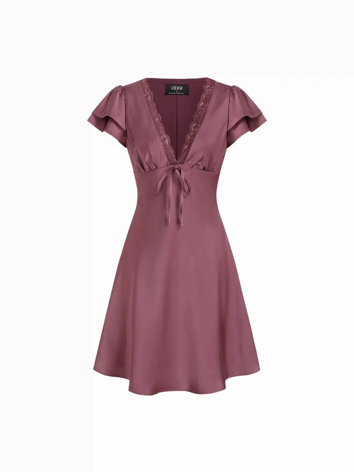 Satin V-neck Ruffle Sleeve Lace Trim Tie Front A-line Midi Dress