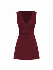 Cotton-blend V-neck Lace Trim A-line Mini Dress