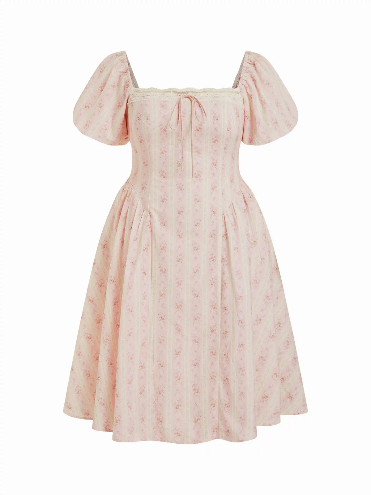 Cotton Floral Puff Sleeve Lace Trim Bowknot Flared Maxi Dress Curve & Plus