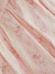Cotton Floral Puff Sleeve Lace Trim Bowknot Flared Maxi Dress Curve & Plus