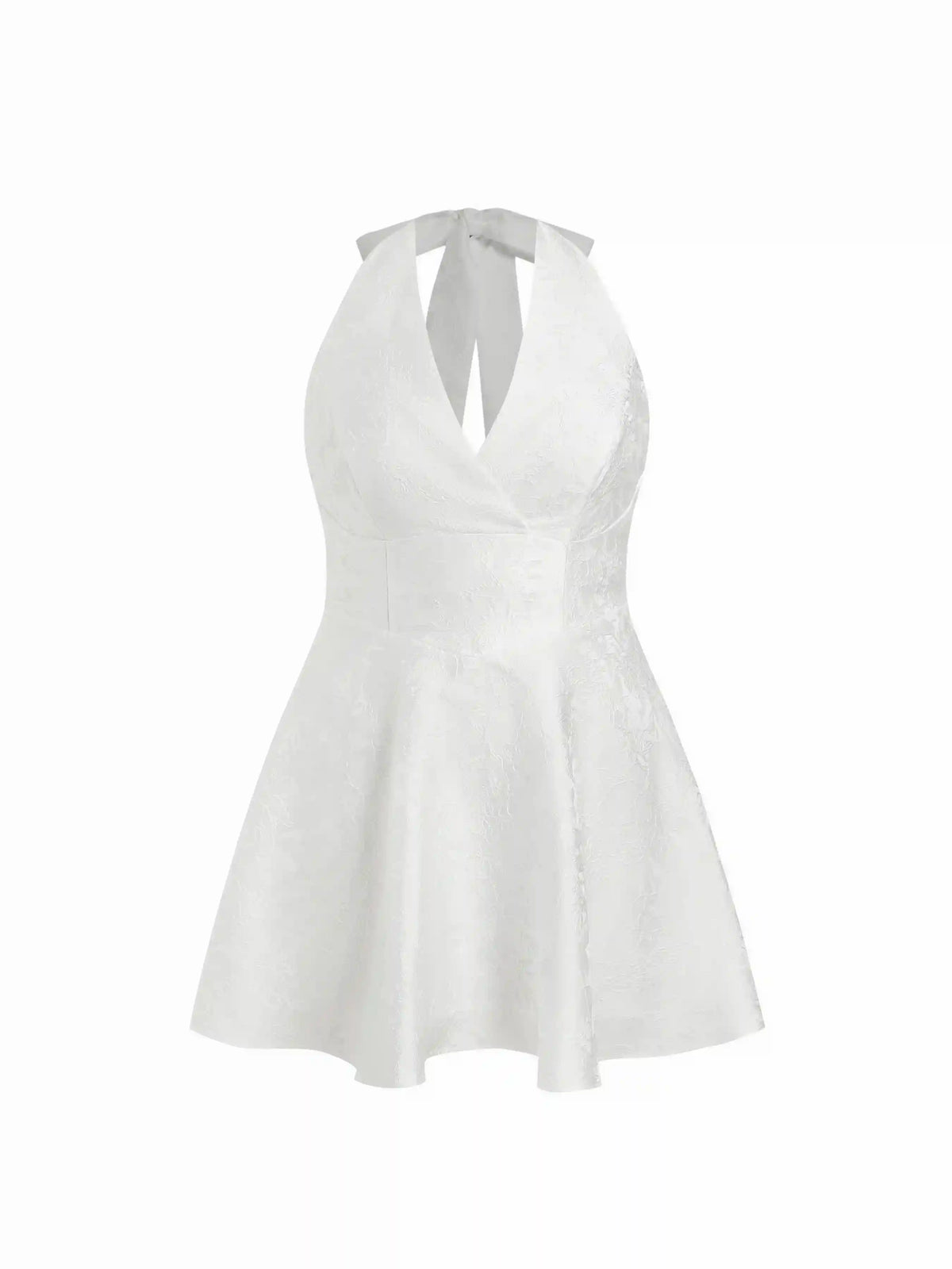 Jacquard Sculptural Halter V-neck Lace Up Backless Ruffle Mini Dress Curve & Plus
