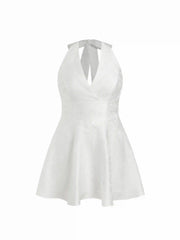 Jacquard Sculptural Halter V-neck Lace Up Backless Ruffle Mini Dress Curve & Plus