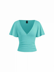 Cotton-blend V-neck Surplice Bell Sleeve Top
