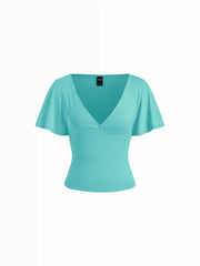 Cotton-blend V-neck Surplice Bell Sleeve Top