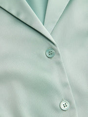Satin Collar Long Sleeve Curved Hem Cinched Waist Shirt