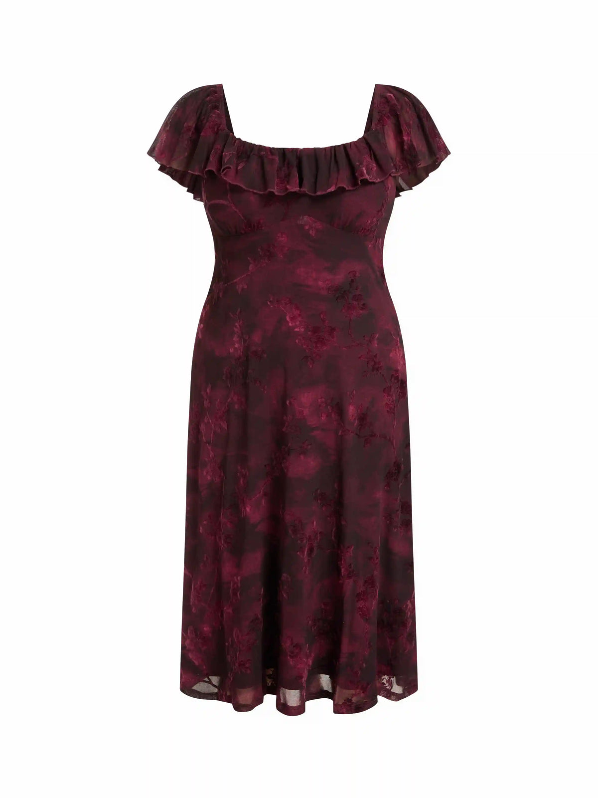 Textured Floral Square Neck Ruffle Sleeve A-line Maxi Dress Curve & Plus
