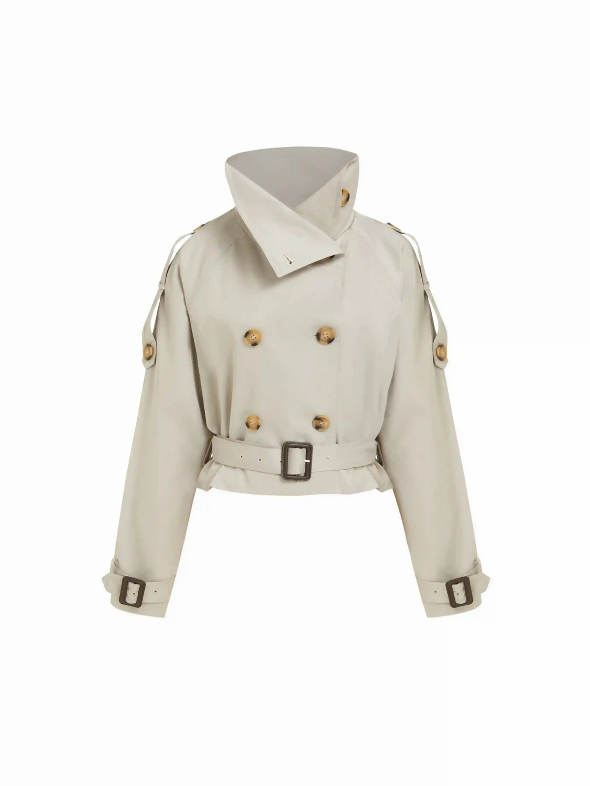 Funnel Collar Double Breasted Trench Coat With Belt