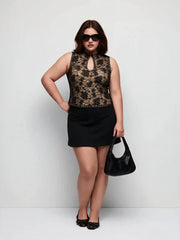 Lace Cut Out Halter Neck Top & Mid Rise A-line Mini Skirt Set Curve & Plus