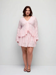 Lace V-neck Pointelle Bell Sleeve Crop Top With Ruched Mini Skirt Set Curve & Plus