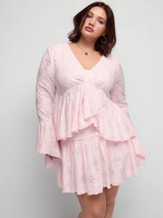 Lace V-neck Pointelle Bell Sleeve Crop Top With Ruched Mini Skirt Set Curve & Plus