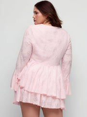 Lace V-neck Pointelle Bell Sleeve Crop Top With Ruched Mini Skirt Set Curve & Plus