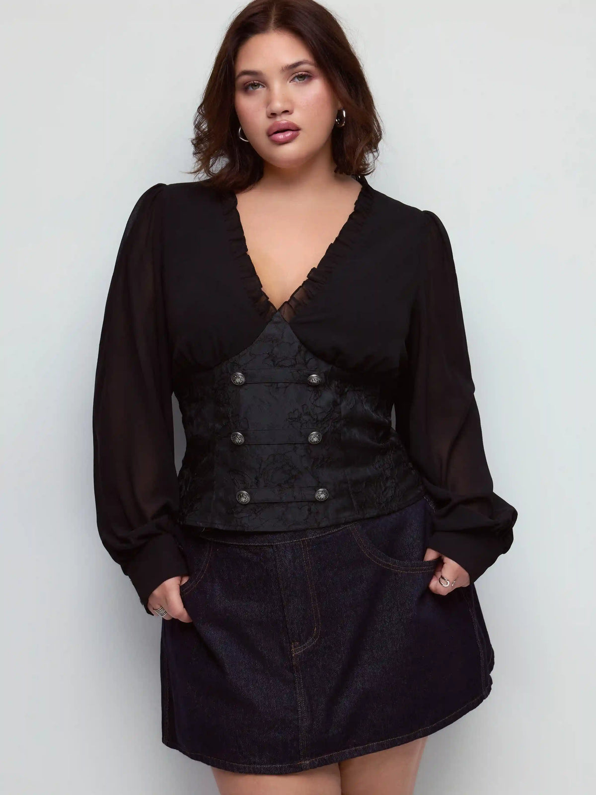 Jacquard Floral V-neck Lantern Sleeve Metal Detail Corset Blouse Curve & Plus