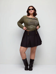 Low Rise Metal Detail Pleated Mini Skirt Curve & Plus