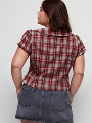Plaid Sweetheart Neck Puff Sleeve Metal Detail Blouse Curve & Plus