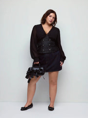 Jacquard Floral V-neck Lantern Sleeve Metal Detail Corset Blouse Curve & Plus