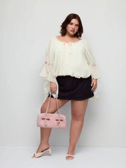 Textured Chiffon Scoop Neck Ruffle Sleeve Ruched Bowknot Blouse Curve & Plus